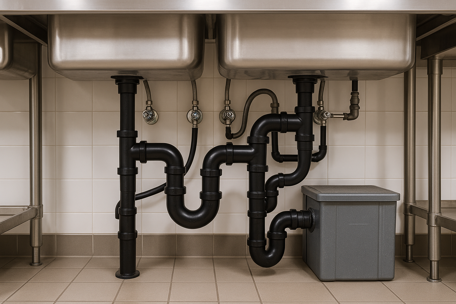 ED Plumbing commercial plumbing technicians servicing a Toronto restaurant kitchen grease trap and drain system