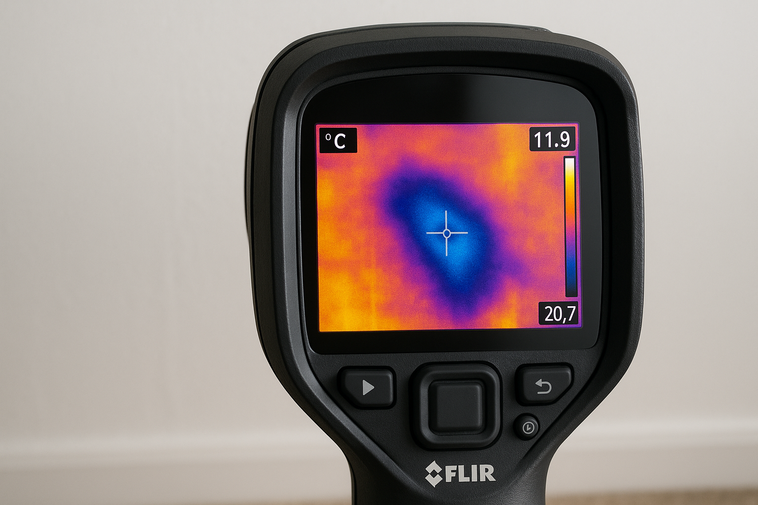 ED Plumbing technician using thermal imaging camera to locate a hidden water leak in a Toronto home wall