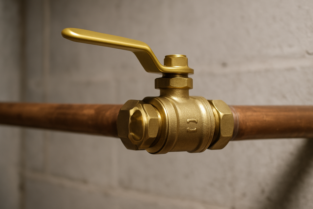 Main water shutoff valve — brass ball valve on copper pipe