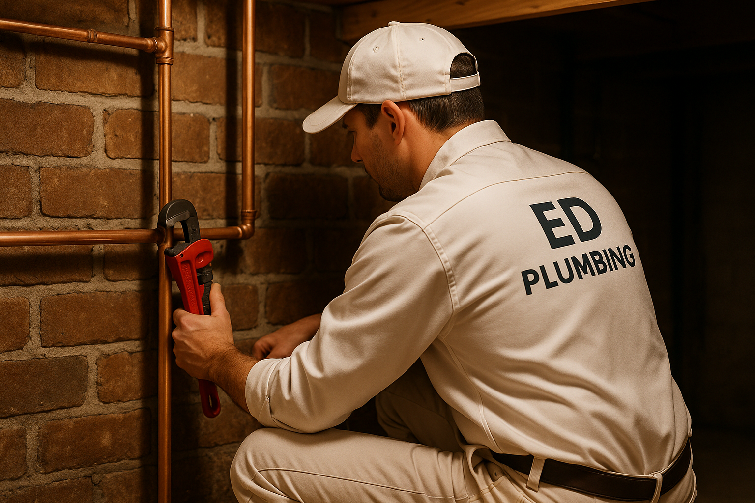Licensed plumber working on residential basement pipes
