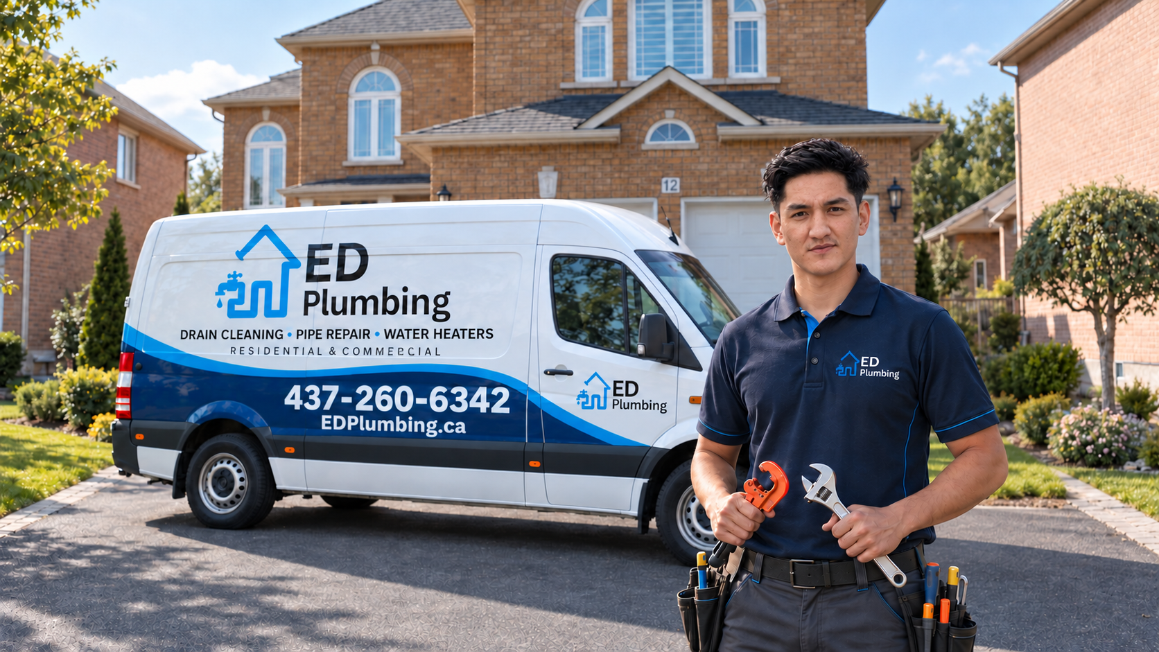 ED Plumbing service van and licensed technician outside a Toronto home